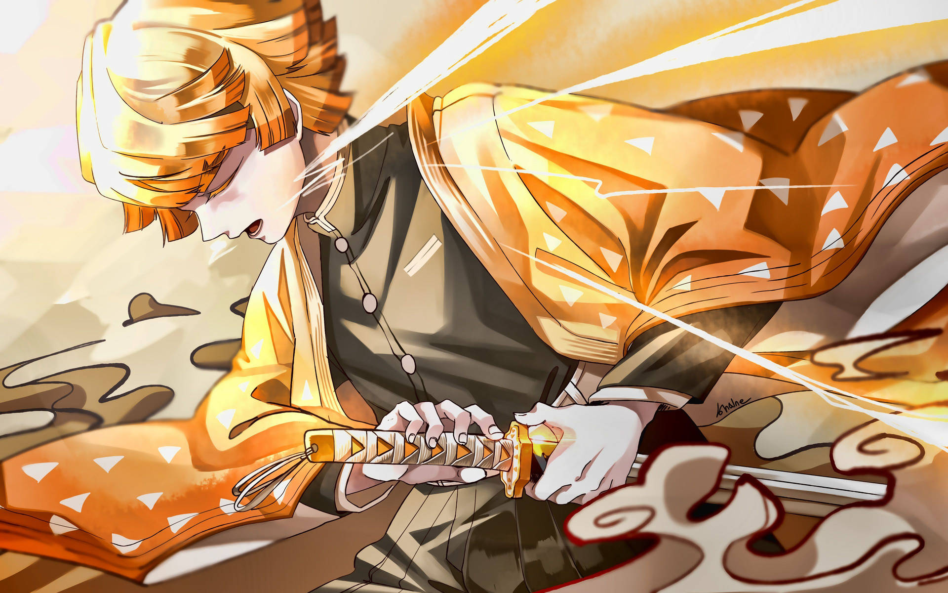 خلفية Demon Slayer لزينيتسو أغاتسوم وهو يؤدي تقنية تنفس الرعد