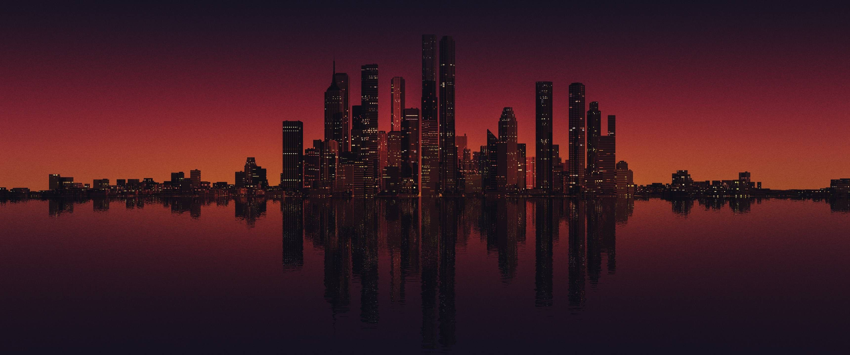 سماء المدينة المنعكسة على المياه بدقة 3440x1440 بأسلوب بسيط خلفية