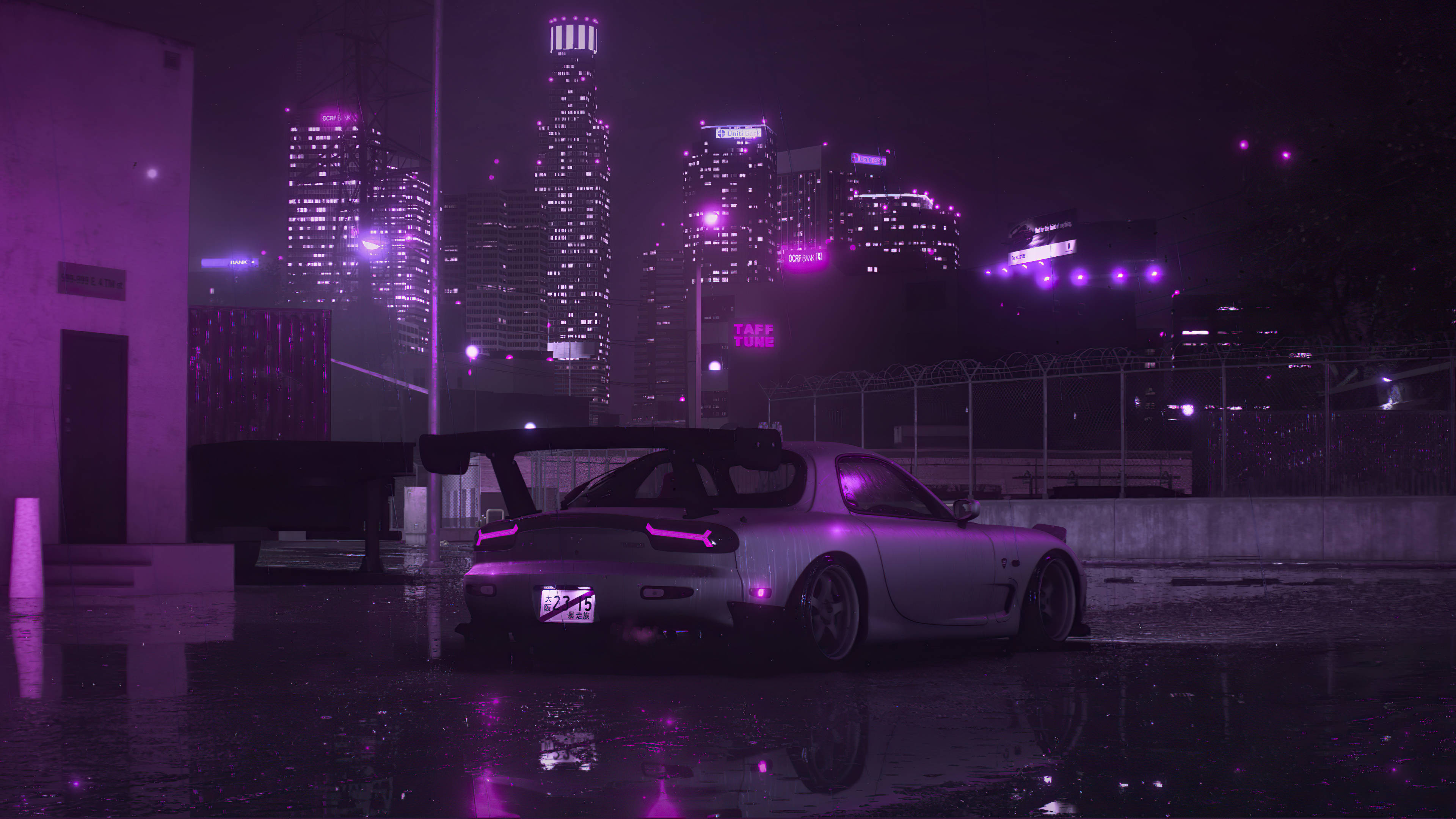 سيارة RX7 الفضية ومدينة أرجوانية خلفية