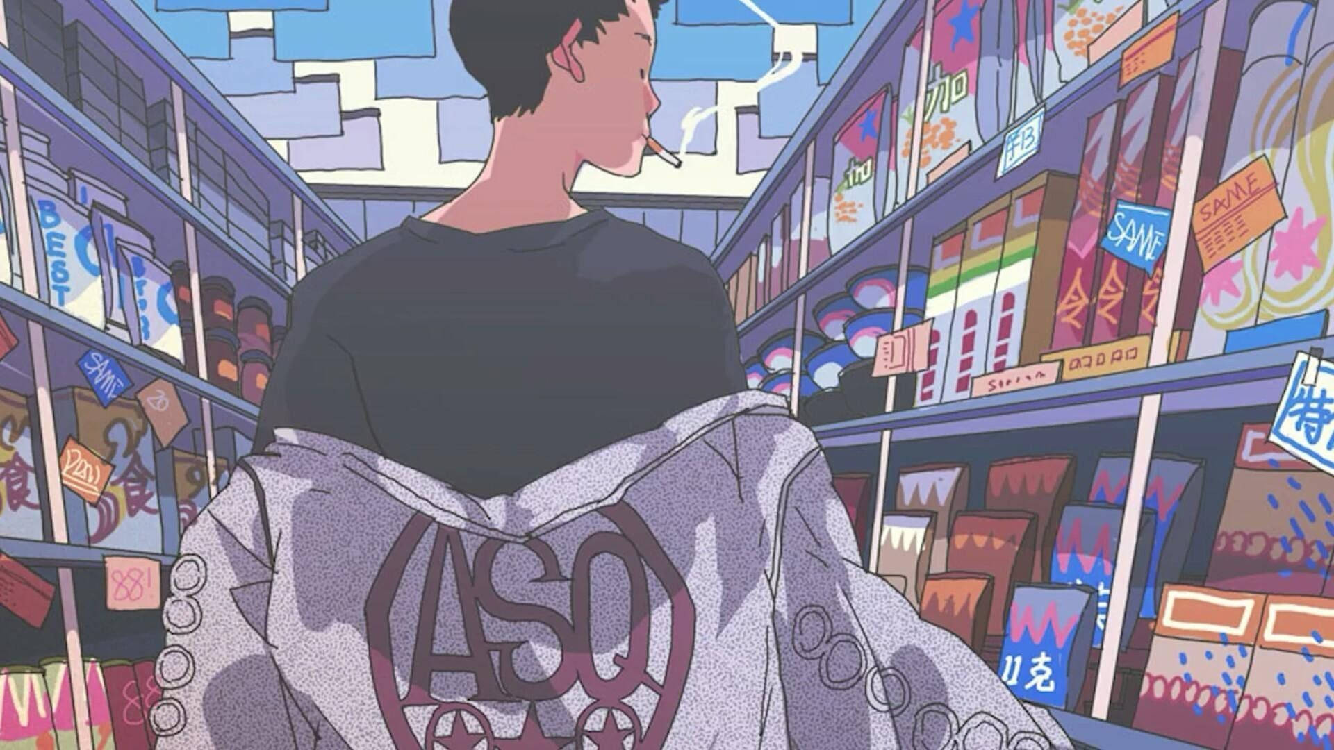 شاب انمي حامل لابتوب في متجر بقالة - جمالية مستقلة خلفية