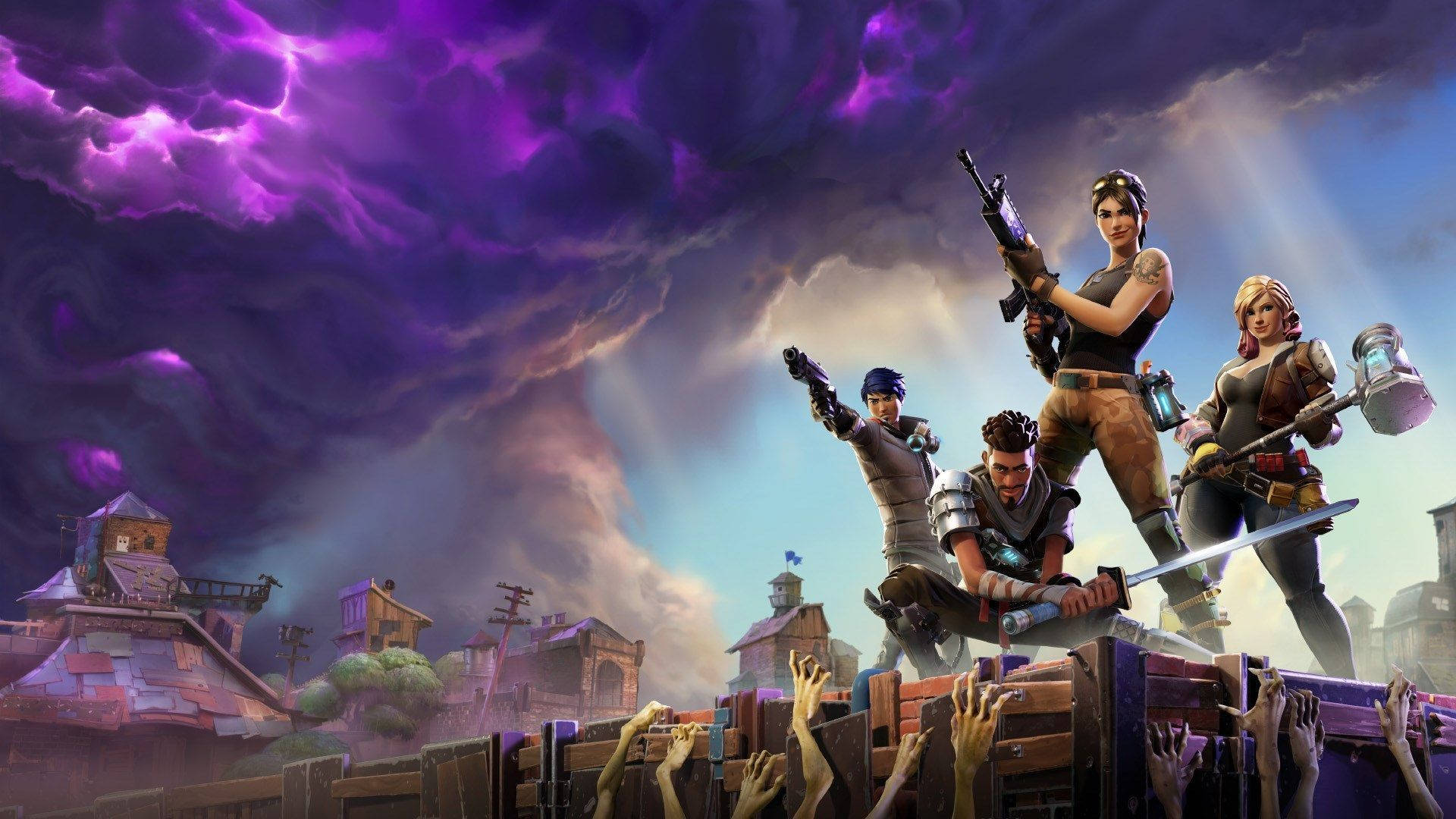 شخصيات فورتنايت 1080 وغيوم أرجوانية وزومبي خلفية