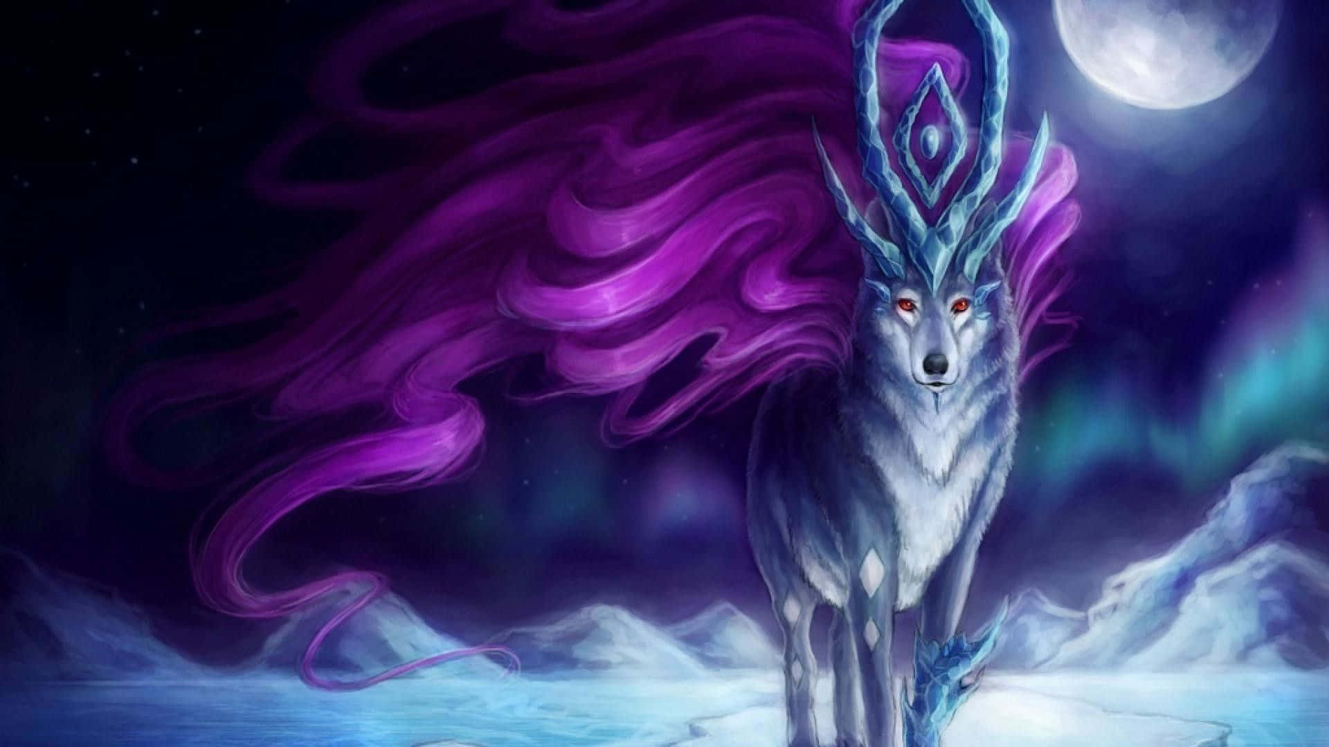 صورة ذئب مجري أثيري مع نجوم ساطعة وخلفية درب التبانة خلفية
