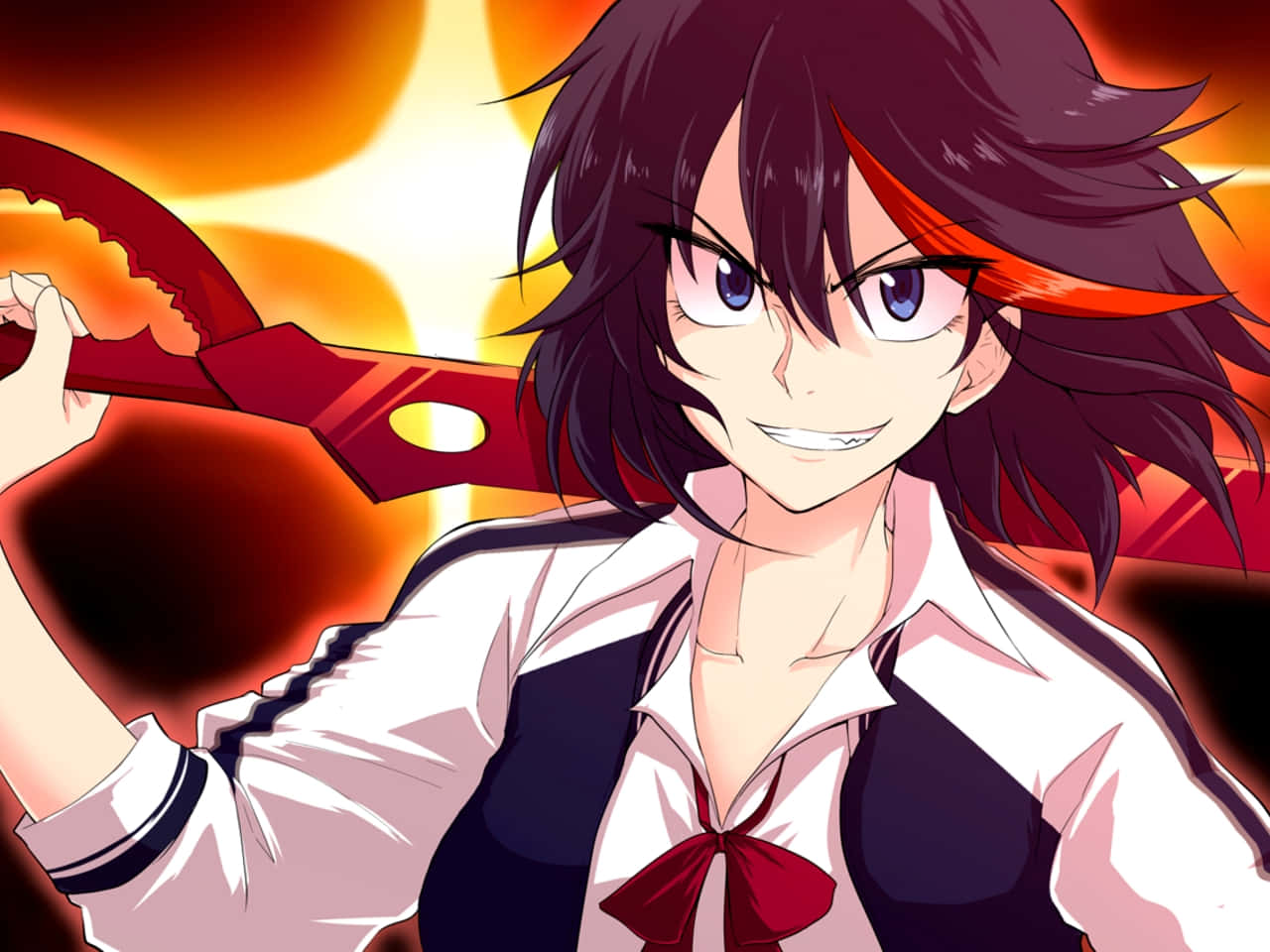 صورة ريوکو من Kill La Kill وهي تحمل شفرة المقص خلفية