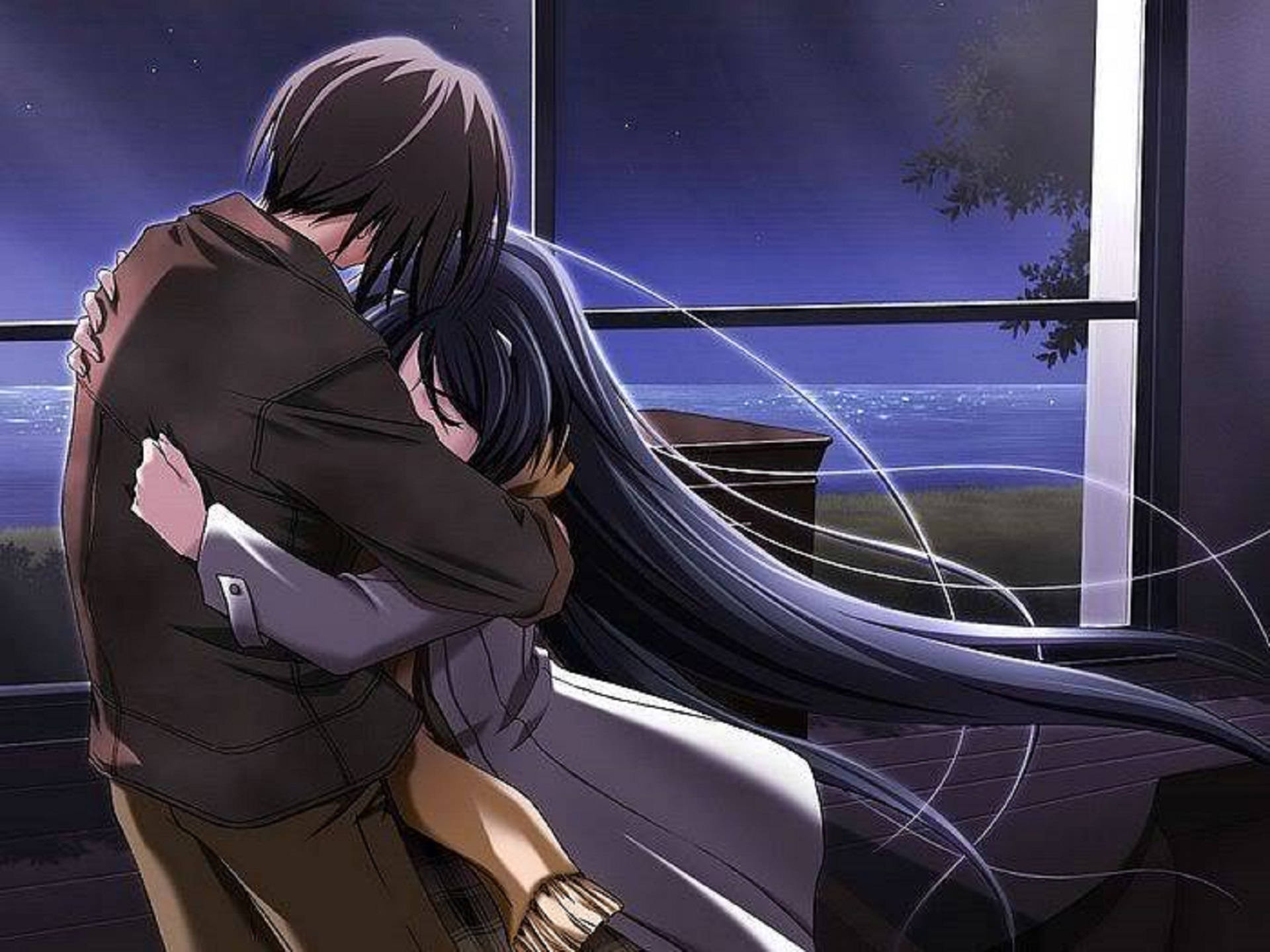 عناق أنمي عند النافذة خلفية