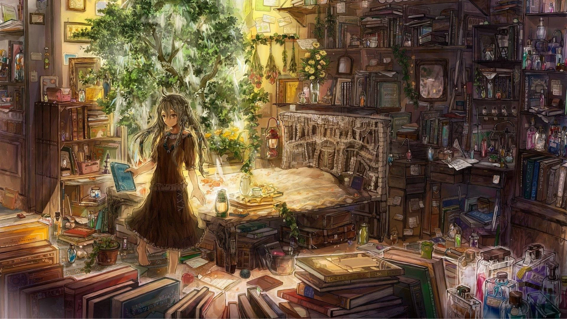 غرفة مكتبة أنمي خلفية