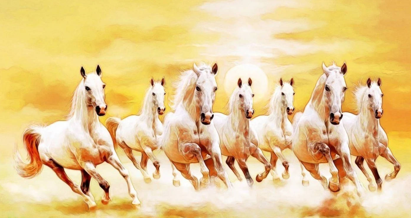 غروب الشمس وسبعة خيول خلفية