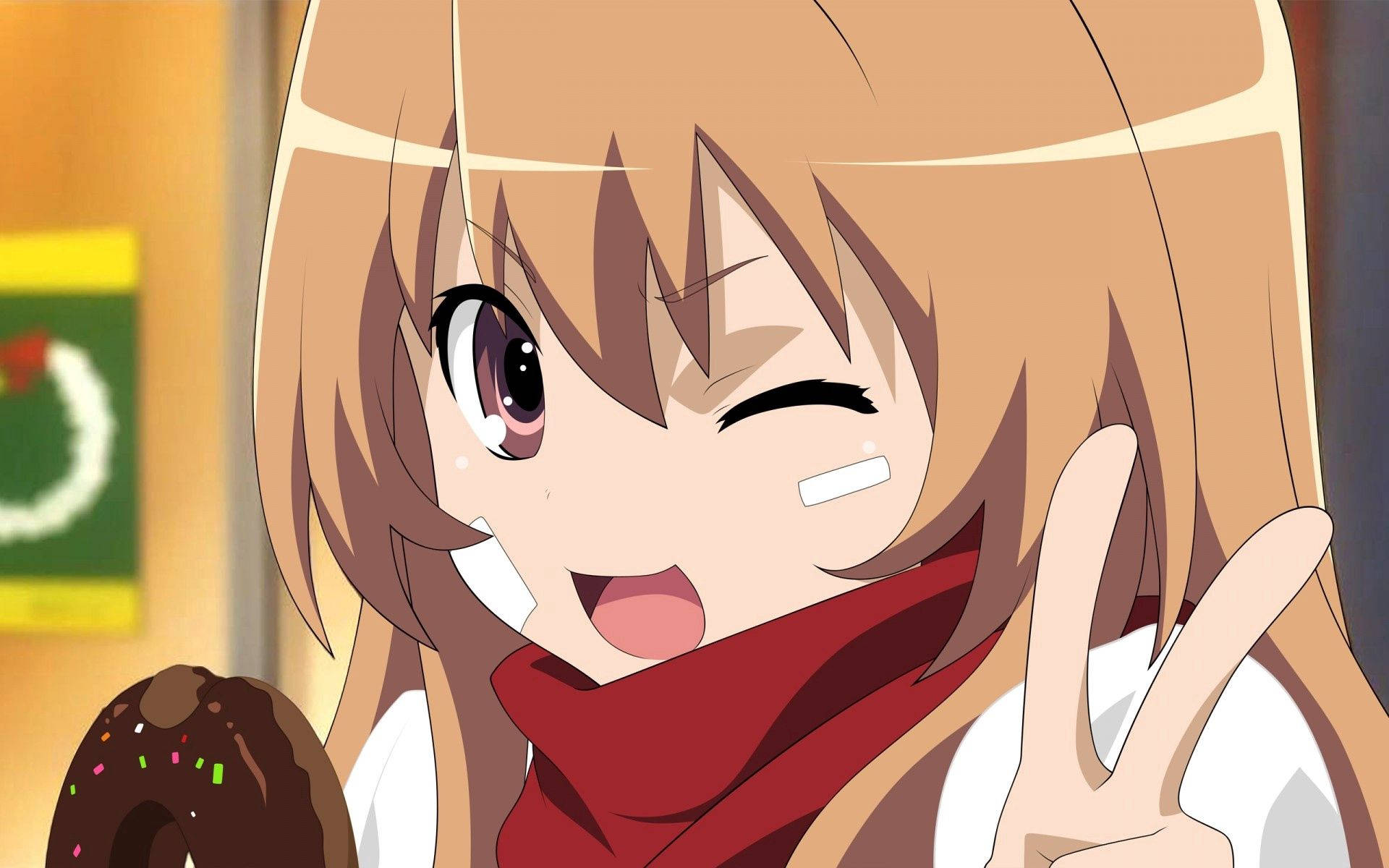 خلفية صورة سيلفي لتايغا أيساكا من Toradora مع علامة السلام