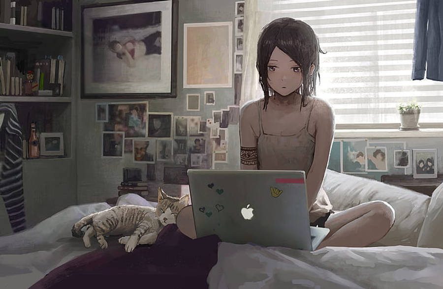 فتاة أنمي تعمل على حاسوب محمول على السرير خلفية