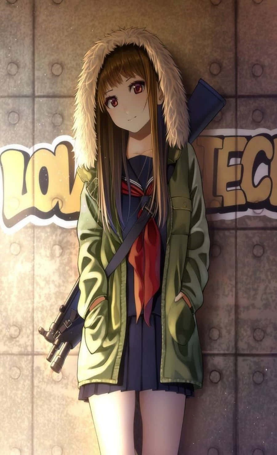 فتاة أنمي في هودي أنيق خلفية