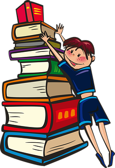 فتاة تتسلق كومة من الكتب خلفية