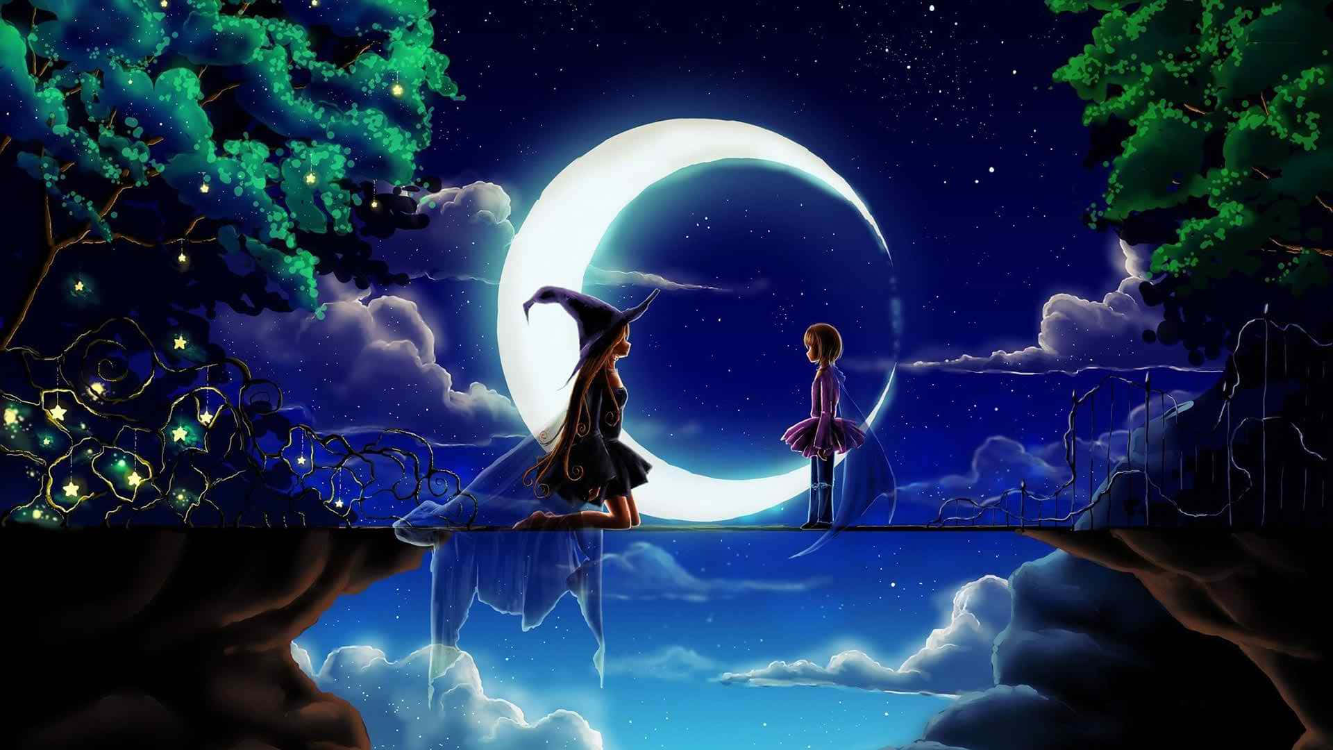 فتى وفتاة يقفان على جسر في الليل خلفية