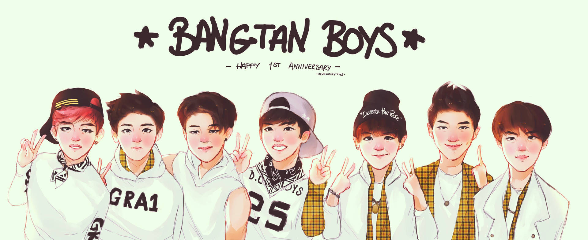 فن معجبين كرتوني لفرقة BTS بخلفية لطيفة.