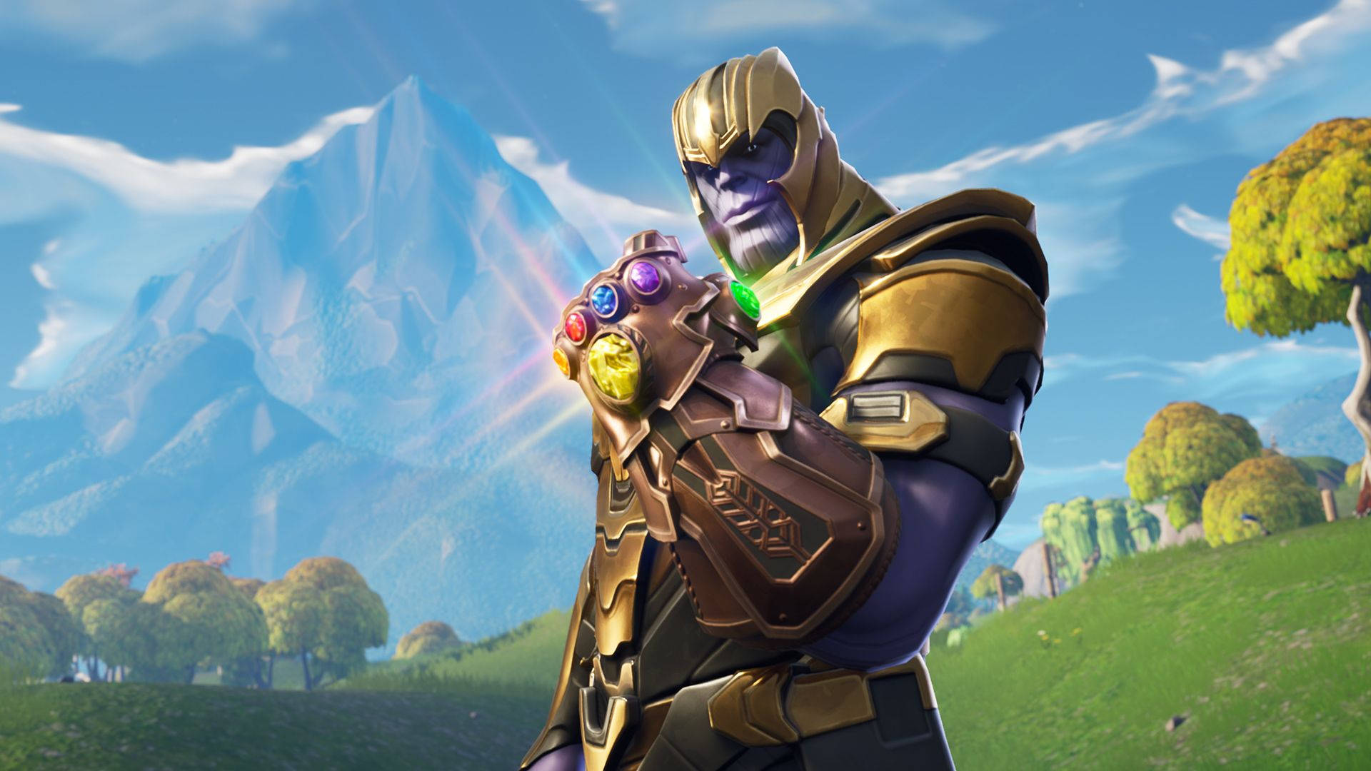 ثانوس في فورتنايت يحمل قفاز اللانهاية بخلفية عالية الدقة