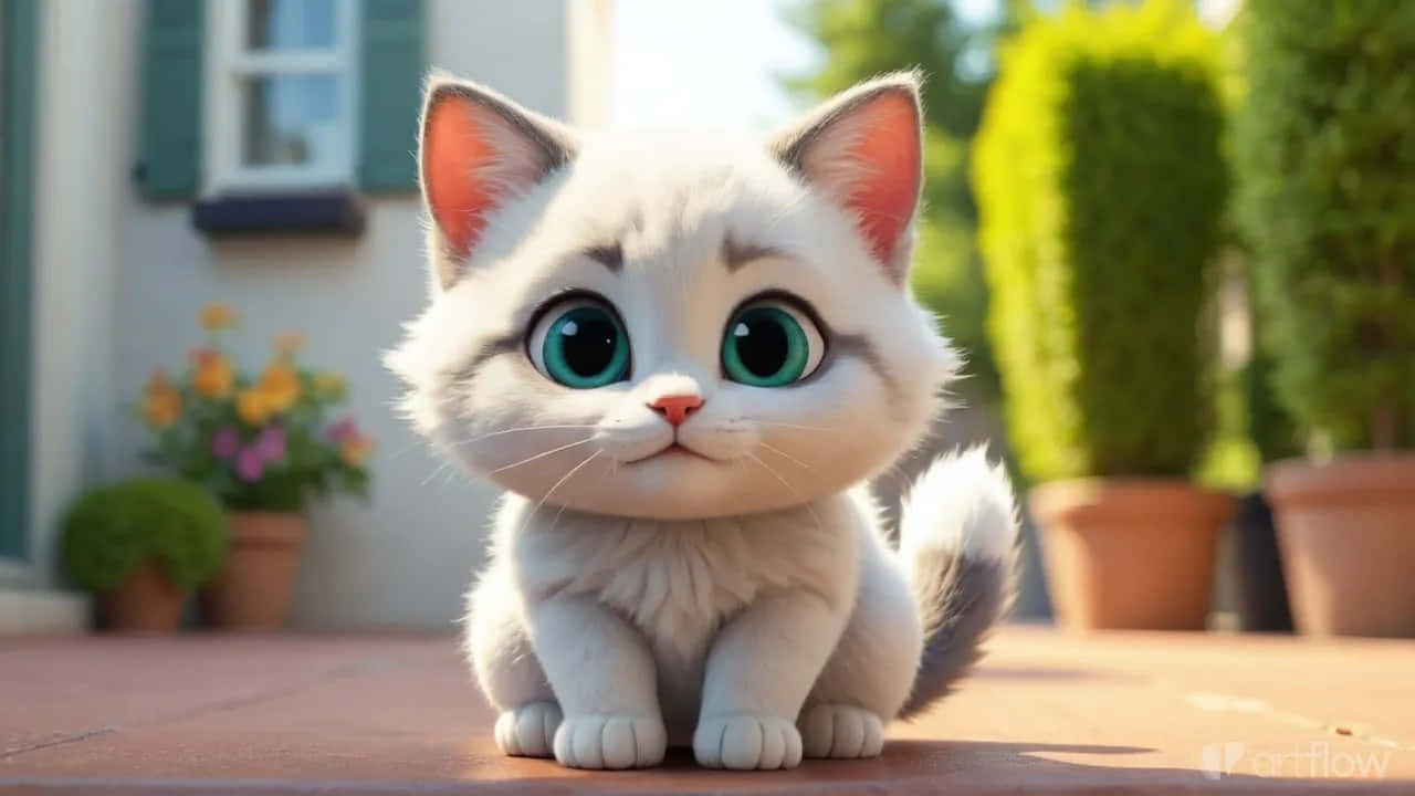 قطة صغيرة لطيفة بعيون كبيرة تجلس في الخارج – نمط ثلاثي الأبعاد رائع خلفية