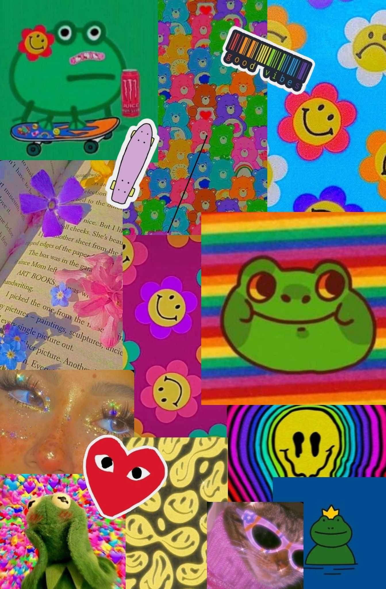 قلب وضفدع ووجه مبتسم بأسلوب الإندي كيد خلفية