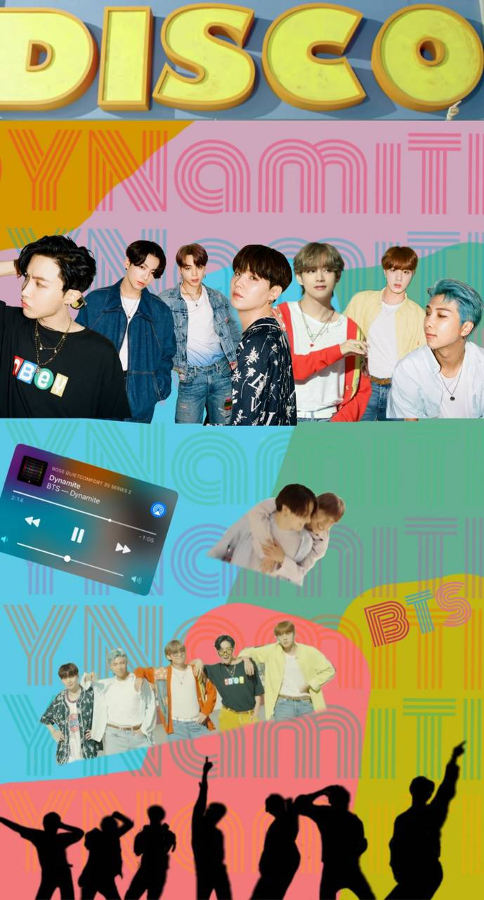 كولاج ديسكو جمالي لفرقة BTS وأغنية Dynamite خلفية