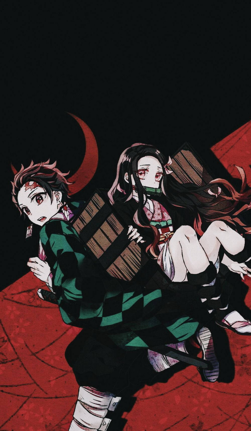 خلفية أنمي Demon Slayer لتانجيرو مع صندوق خشبي على ظهره يحتوي على نيزوكو