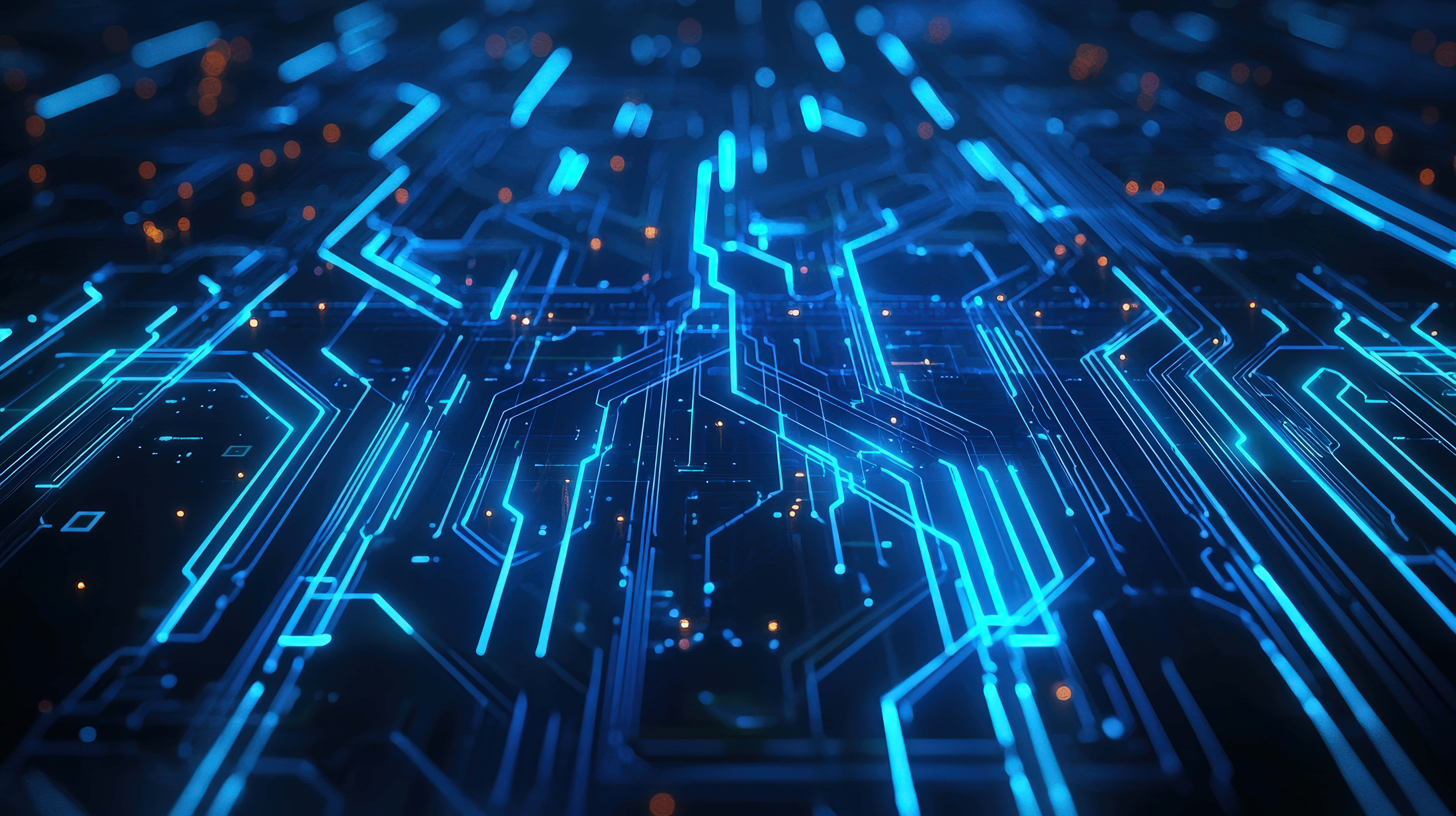 لقطة مقربة للوحة دوائر رقمية متطورة بخطوط زرقاء متوهجة، ترمز للتكنولوجيا والذكاء الاصطناعي خلفية