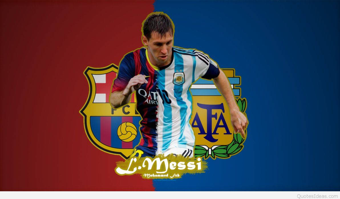 خلفية فنية لليونيل ميسي مع شعارَي نادي برشلونة ومنتخب الأرجنتين