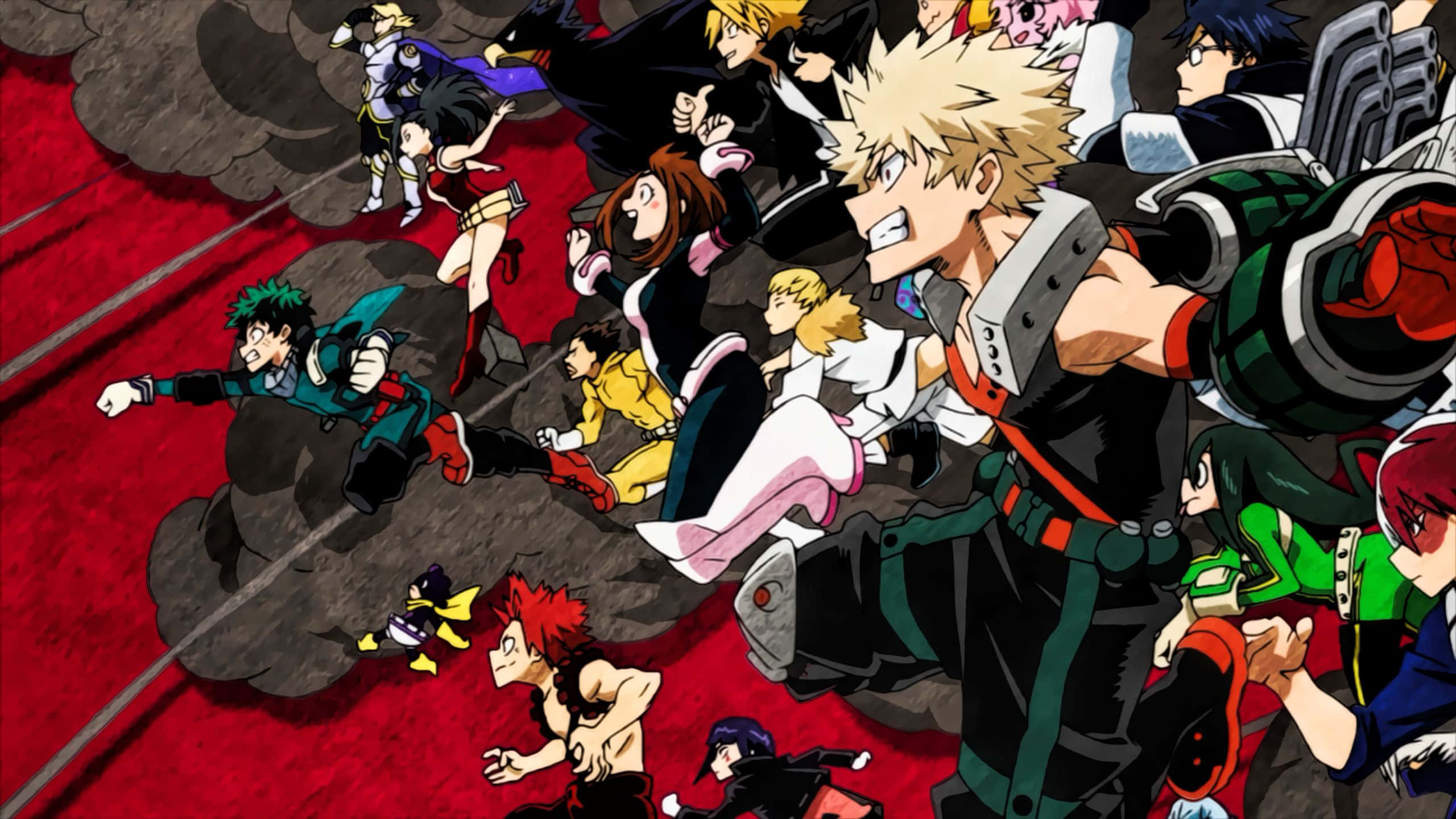 مشهد من أنمي My Hero Academia مع شخصيات تتجه بسرعة إلى اليسار على خلفية حاسوب محمول خلفية