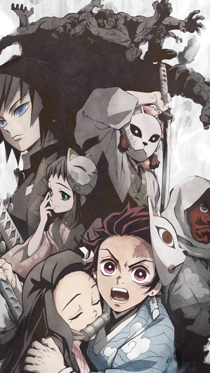 خلفية Demon Slayer لتلاميذ يوروكوداكي، مع جيو والشياطين.