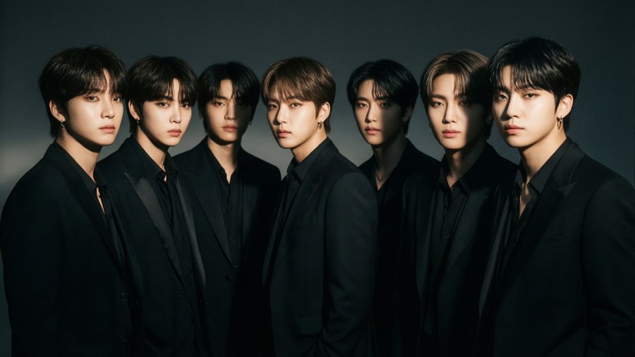 فرقة BTS ببدلات سوداء أنيقة مع إضاءة درامية على غرار أفلام النوار.