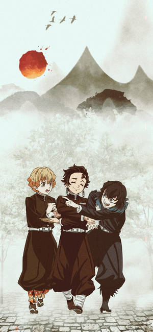 خلفية آيفون لأولاد أنمي Demon Slayer على الجبل — لطيف ايفون خلفية
