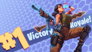 شخصية أنثوية من فورتنايت تحمل مسدسًا وتشرب جرعة درع في خلفية.
