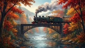 مشهد أنمي حنيني لخريف مع قطار يعبر جسرًا. — مشاهد أنمي متحركة خلفية