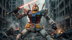 جندام RX-78-2 في وضعية معركة درامية وسط مدينة مدمرة.