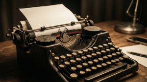 آلة كاتبة عتيقة جاهزة للكتابة، بلون بني داكن حنيني. — رجعي جمالي خلفية