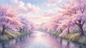 نهر هادئ تحف به أزهار الكرز الباستيلية، أجواء جمالية ناعمة. — ناعم جمالي متحرك خلفية