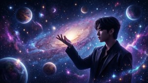 جمالية كيبوب كونية مع صورة ظلية تصل إلى النجوم. — Kpop GIF خلفية