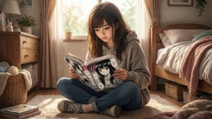 مشهد هادئ لفتاة تستمتع بقراءة المانجا في غرفتها. — مانجا متحركة خلفية