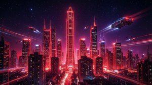 أفق مدينة مستقبلية باللون الأحمر النيون ليلاً بجماليات السايبربانك. — نيون أحمر خلفية