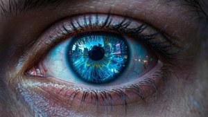 لقطة مقربة لعين مع توهج نيون أزرق، بأسلوب السايبربانك — أزرق نيون خلفية