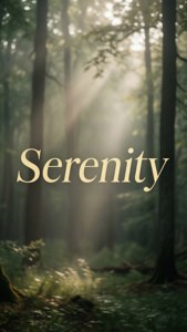 كلمة 'Serenity' بالذهب الباهت فوق غابة ضبابية مع أشعة ضوء، جمال طبيعي هادئ. — كلمات جمالية متحركة خلفية