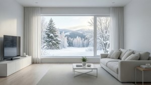 غرفة معيشة بيضاء هادئة بتصميم بسيط مع إطلالة ثلجية، مثالية كخلفية هادئة. — أبيض جمالي خلفية
