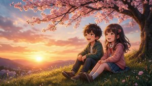 طفلان من الأنمي يستمتعان بغروب هادئ تحت أشجار أزهار الكرز.