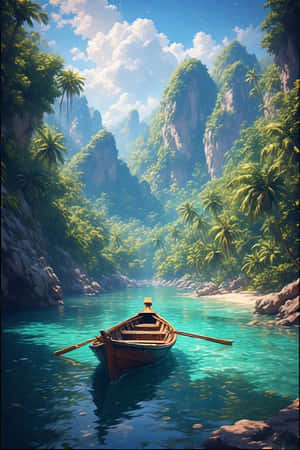 شاطئ،قارب طويل الذيل،منحدرات،غابة،استوائي،نخيل،ماء زمردي،جنة،سفر،4K — 4K خلفية