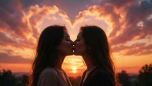 قبلة ظلية لزوجين من مجتمع الميم عين عند غروب الشمس مع غيوم على شكل قلب.