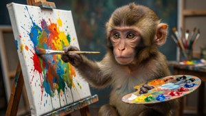 قرد لطيف يرسم على لوحة فنية مع لوحة ألوان. — قرد لطيف خلفية