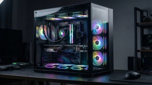 كمبيوتر ألعاب عالي الأداء بتصميم بسيط ومكونات مضيئة بتقنية RGB. — ألعاب خلفية