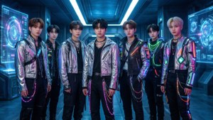 فرقة كي-بوب أولاد مستوحاة من السايبربانك في إعداد مستقبلي. — Kpop GIF خلفية