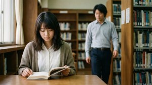 ريكاكو تقرأ في المكتبة بينما تاكو يقترب منها