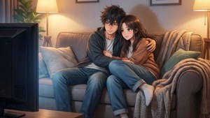 ثنائي أنمي يحتضنان على الأريكة — أنمي ثنائي خلفية