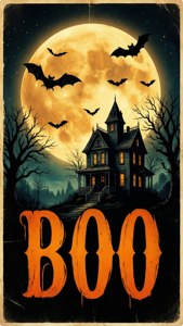 ملصق رجعي مع قمر وخفافيش ومنزل مسكون ونص BOO