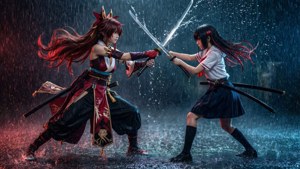 《斩服少女》中流子与皐月在雨中激战的动作壁纸 — أنمي ثنائي خلفية